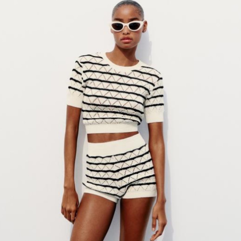 Zara Navy/Cream Stripe Knit Crochet Short Sleeve Top and Shorts Set